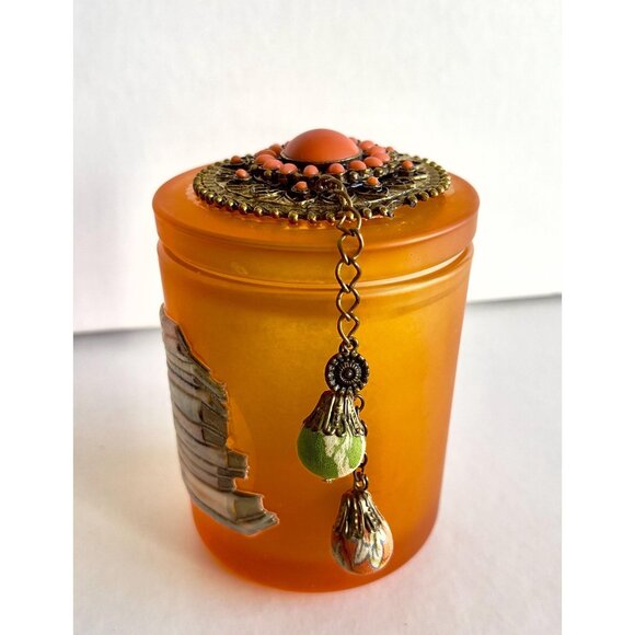 Orange Glass Jar Books Jewel Encrusted Lid Ball Tassle Vanity Jar Jeweled Orange - Picture 2 of 10